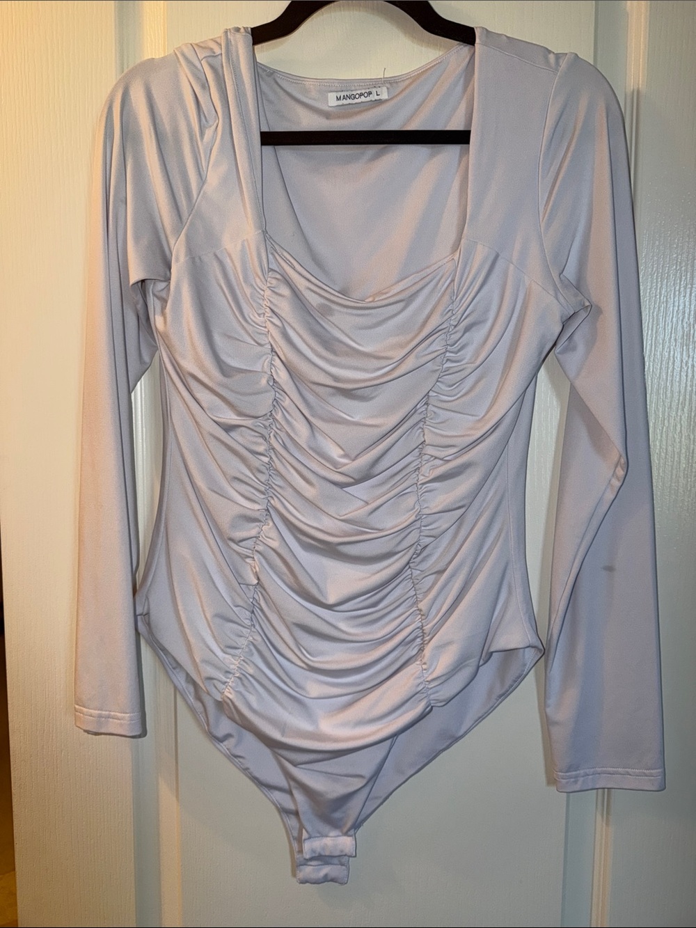 White Ruched Scoop Neck Long-Sleeve Bodysuit